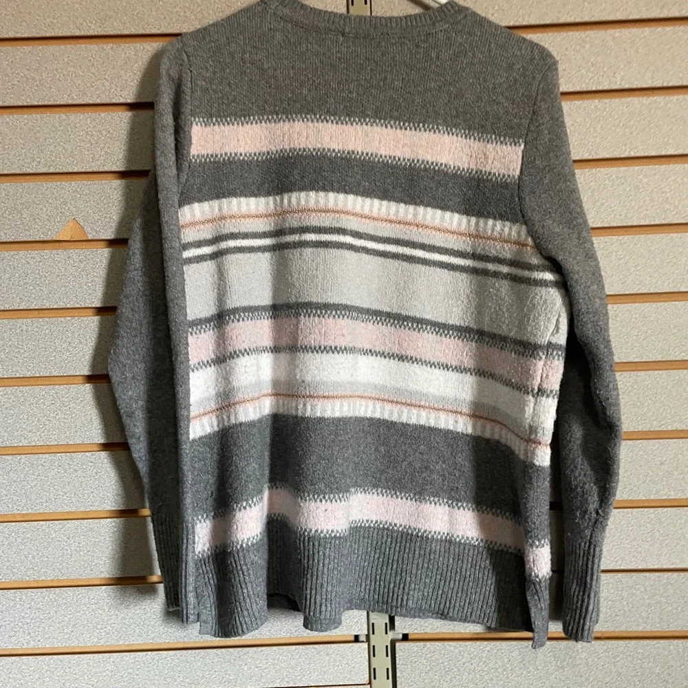 Croft & Barrow Womens Petite Large Grey Pink Striped Metallic‎ Crew Neck Sweater